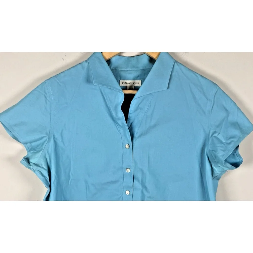 Coldwater Creek Shirt Top Women Petite L Collared Button Up Blue‎ Short Sleeve